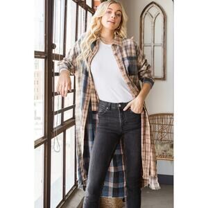 WASHED PLAID MIXED LONGLINE SHIRT TOP